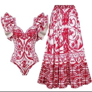 Red, Pink and White Floral swimsuit and Skirt Set